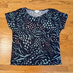 Jaclyn Smith Women’s Short Sleeve Knit Top Navy Teal Abstract Print Size L